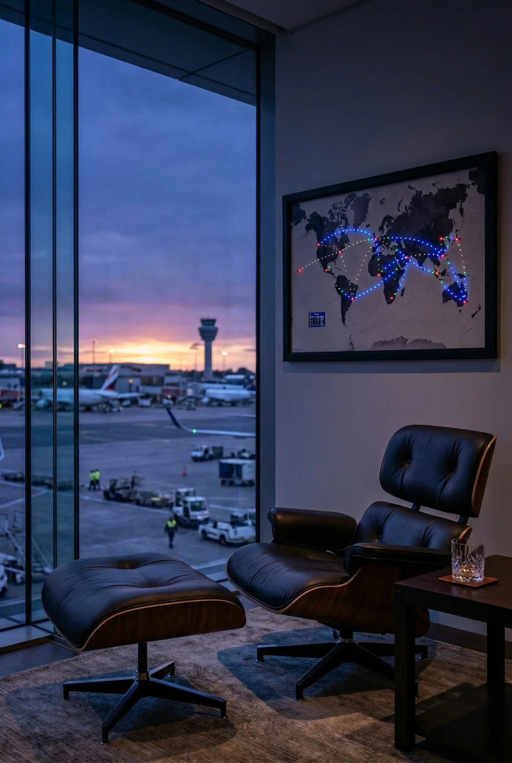 Jetmapper hanging in an airport lounge at golden hour