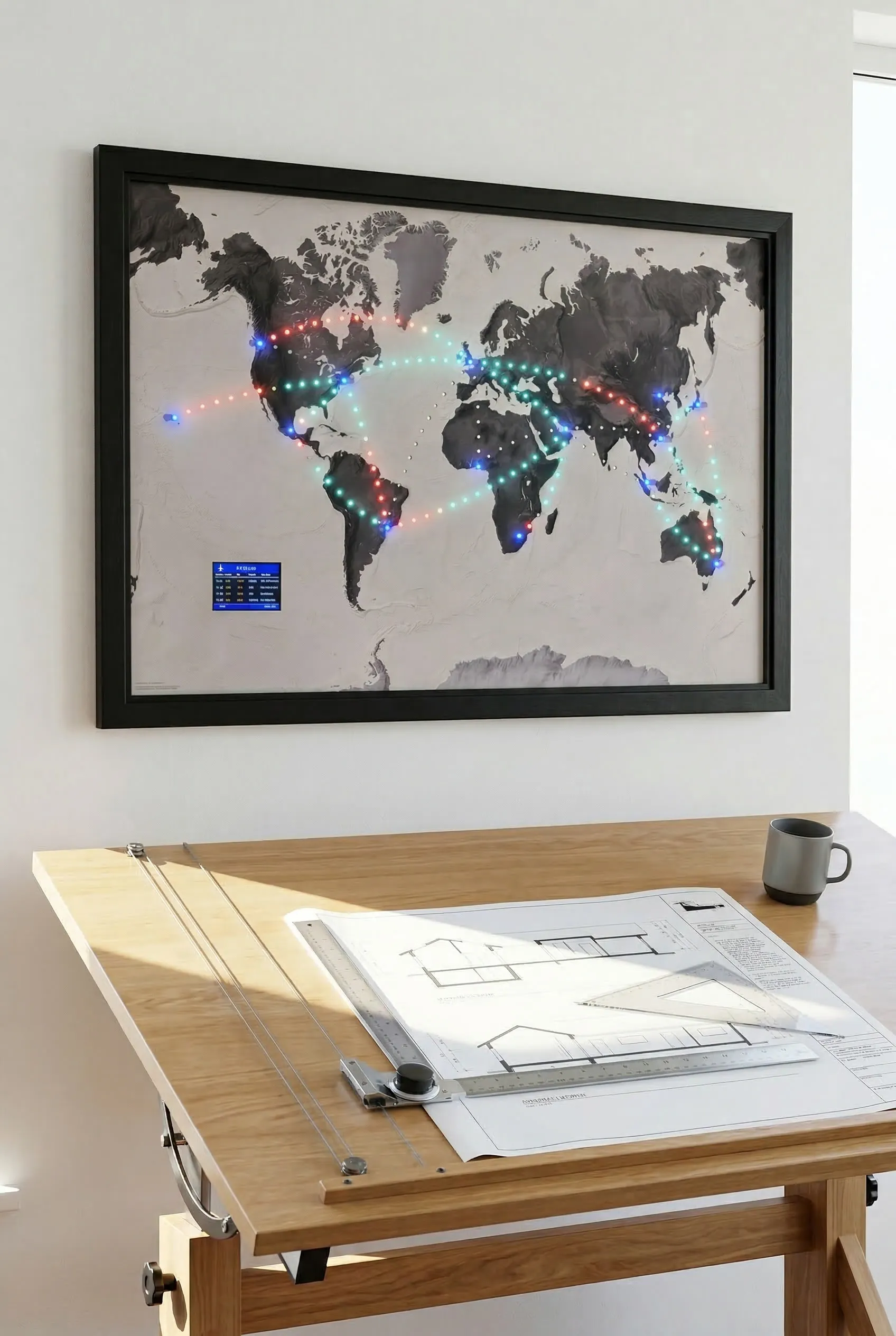 Jetmapper above a drafting table in a bright architect studio
