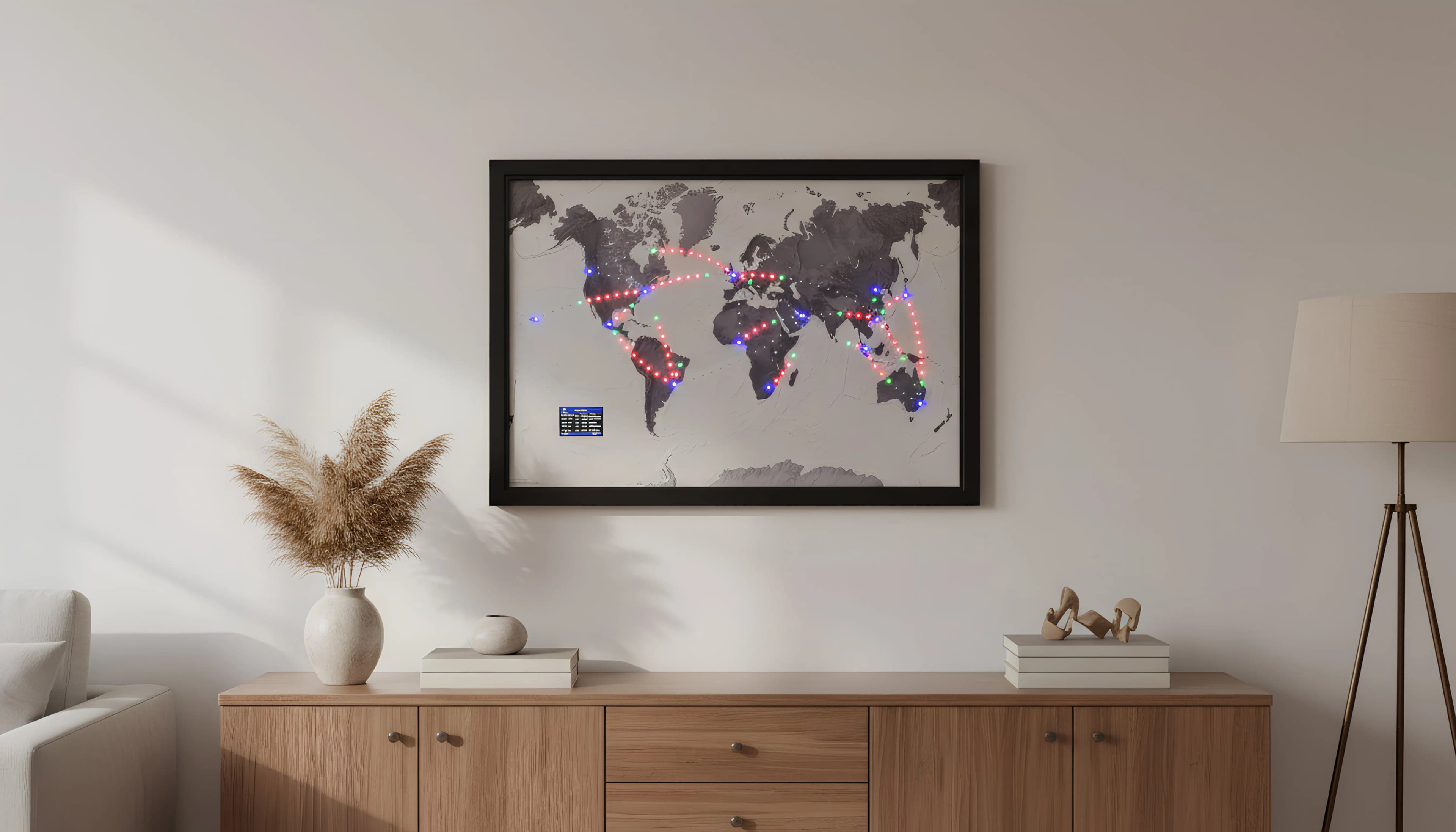 Jetmapper above a sideboard in a calm, minimal living room