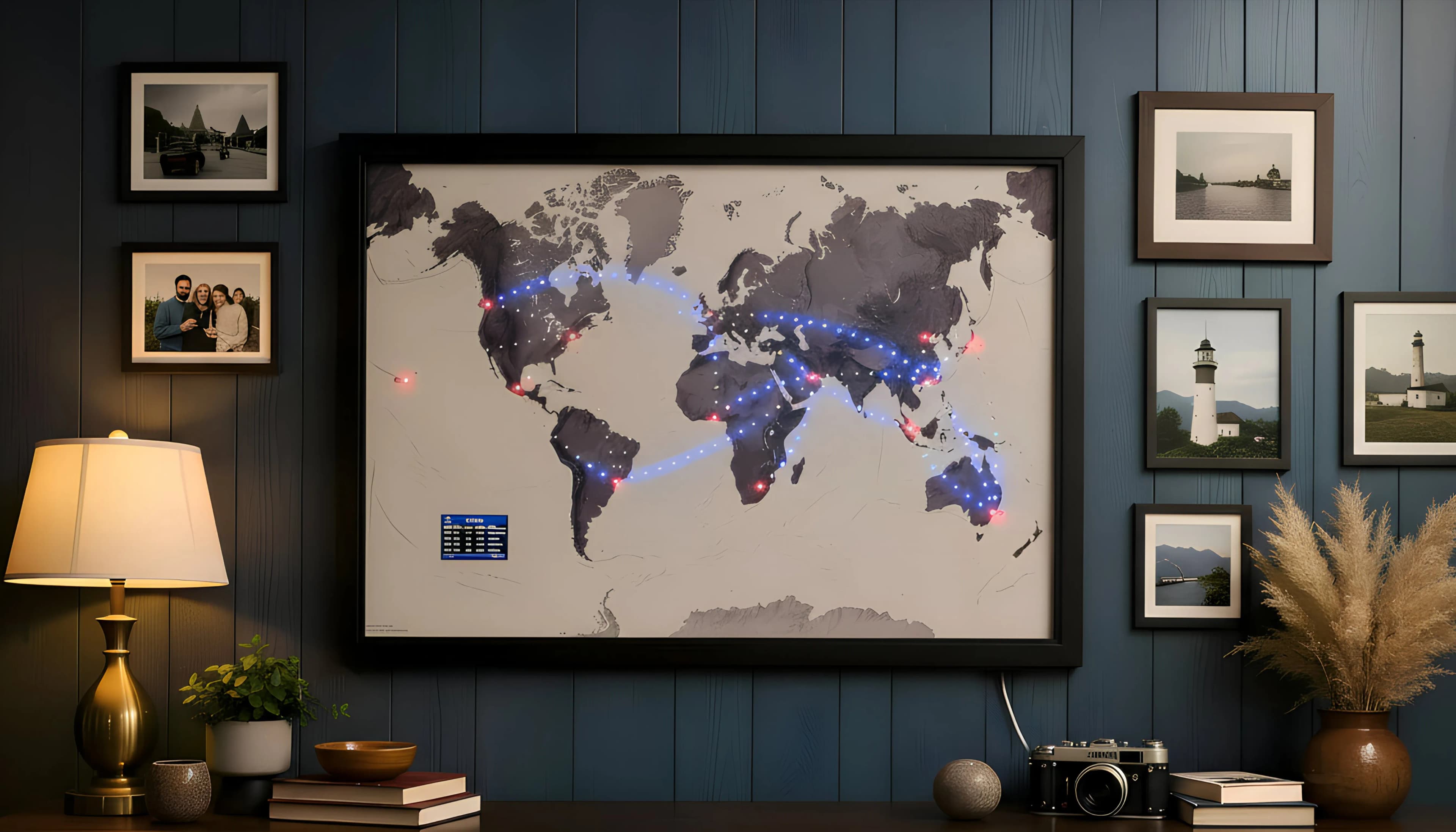 Jetmapper on a navy gallery wall, live routes glowing across the map