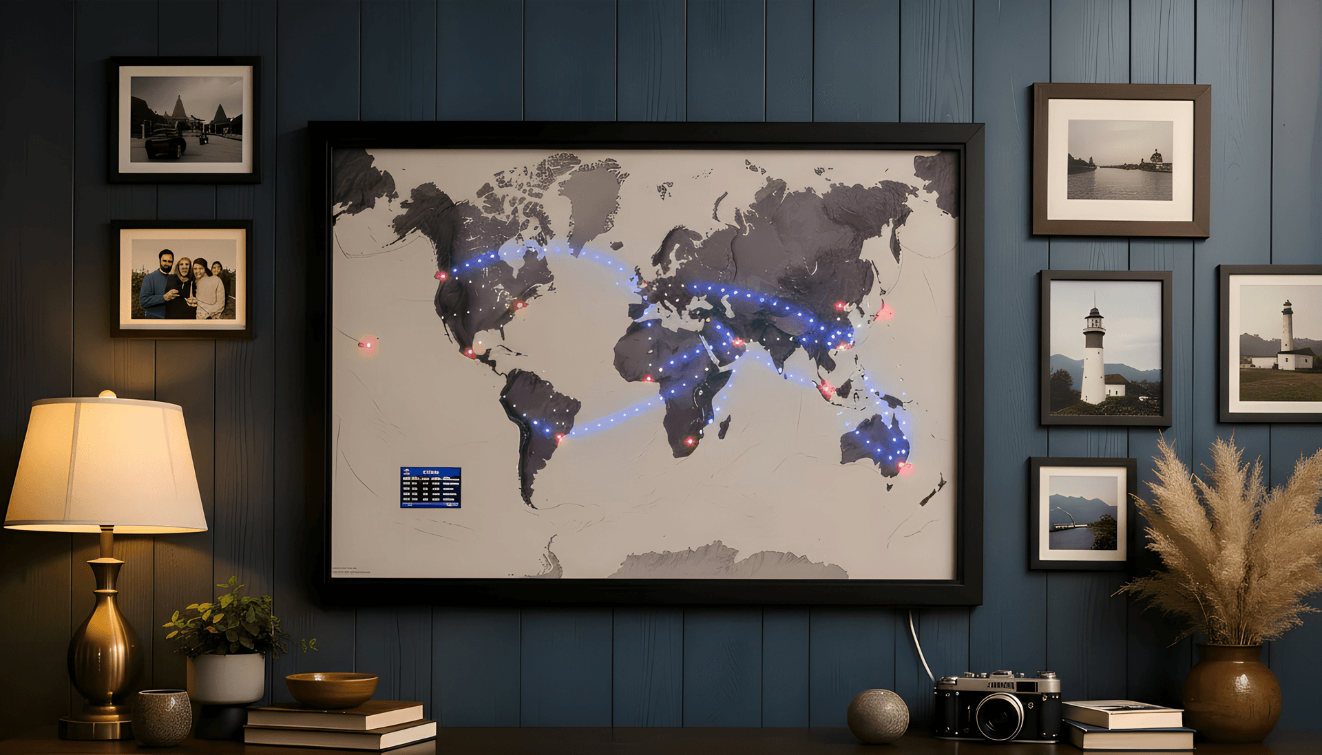 Jetmapper connected world map displayed on a living room wall, showing illuminated flight paths with blue and red LED lights across continents